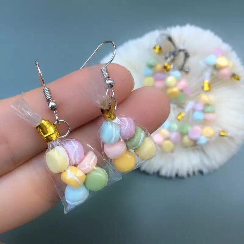 Cute Miniature Macarons In A Bag earrings - macaron earrings - dessert earring - nickel free Be Blemish Free