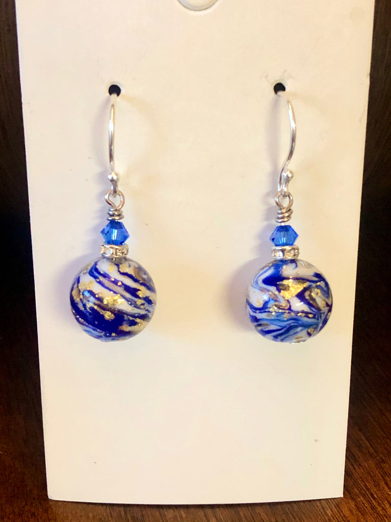 Marbled Venetian Aventurina Glass Dangle Earrings in Cobalt Blue Be Blemish Free
